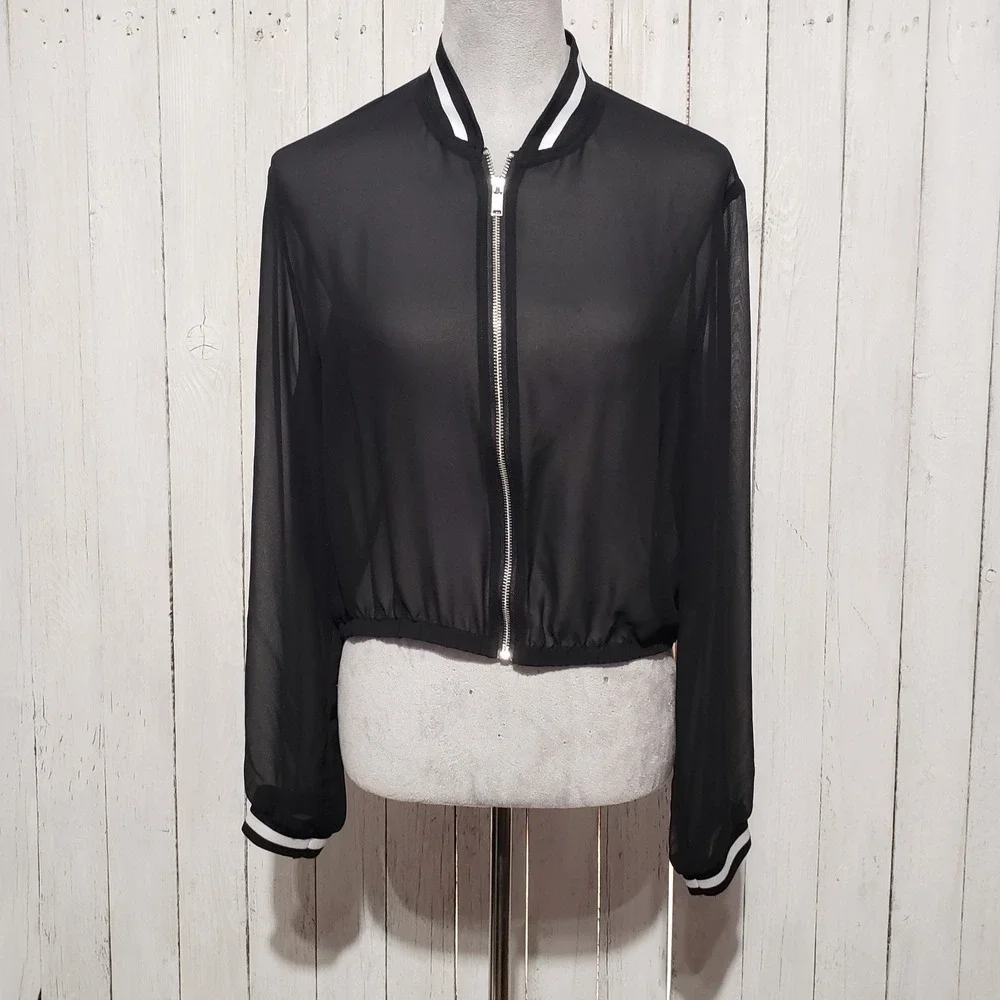 Divided H&M Bomber Jacket 12 Black Sheer Zip Boho Edgy Casual Grunge Punk Gothic